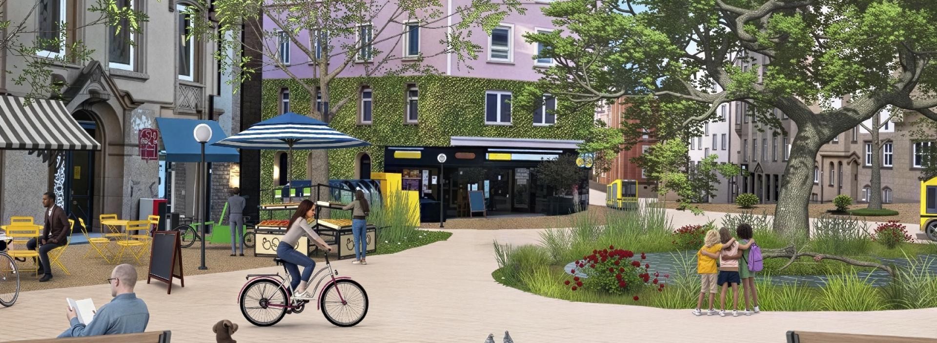 Darstellung einer klimaangepassten Stadt, mit einem rosa Haus in der mitte, welches zur Hälfte an der Fassade begrünt wurde. Zentral ist ein kleiner Teich, mit einem Baum. Auf der Abbildung fährt eine Person Fahrrad und drei Kinder stehen vor dem Teich.